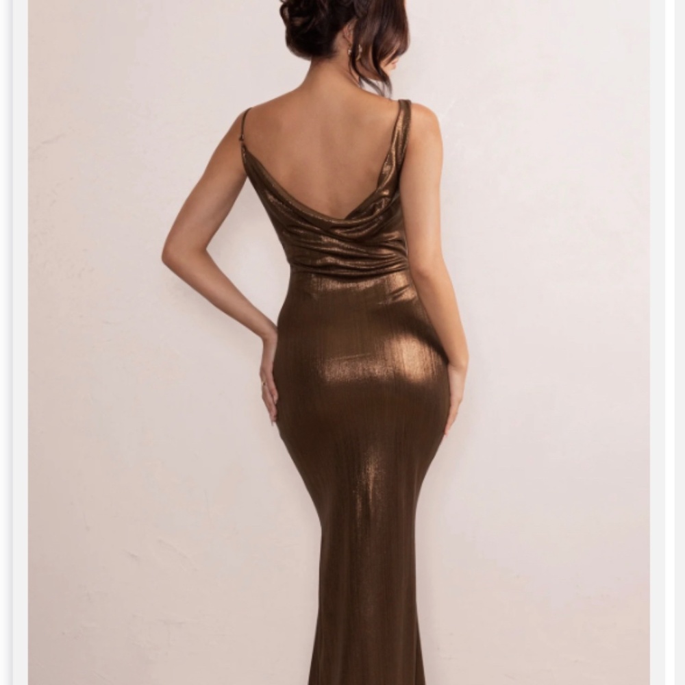 Club L London | GALAXY SHIMMER  BRONZE BIAS CUT COWL FRONT MAXI DRESS | Size 2